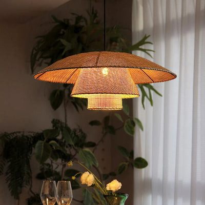 Traditioneller japanischer dreifacher runder Rattan-Kronleuchter mit 1 Licht für Wohnzimmer 