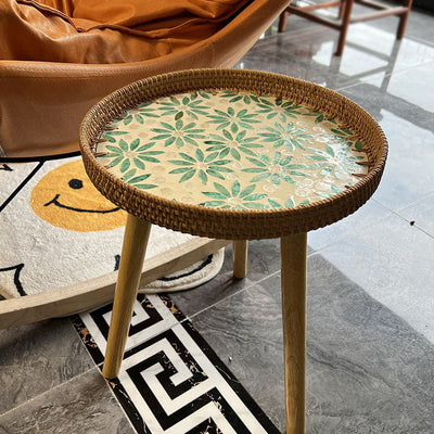 Table d'appoint ronde en bois et rotin fait main rustique traditionnel pour salon 