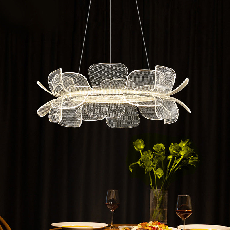 Moderne minimalistische runde Blume klares Metall Acryl LED Insel Licht Kronleuchter für Esszimmer 