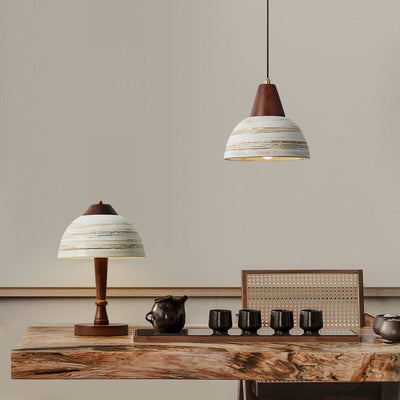 Zeitgenössische Vintage Kuppel Messing Holz Keramik 1-Licht Pendelleuchte für Wohnzimmer 