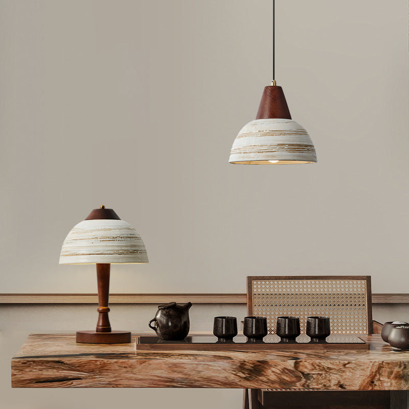 Zeitgenössische Vintage Kuppel Messing Holz Keramik 1-Licht Pendelleuchte für Wohnzimmer 