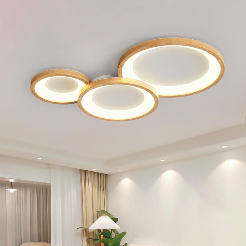 Contemporary Scandinavian Rubberwood Acrylic Log Circle Design LED Flush Mount Ceiling Light For Living Room