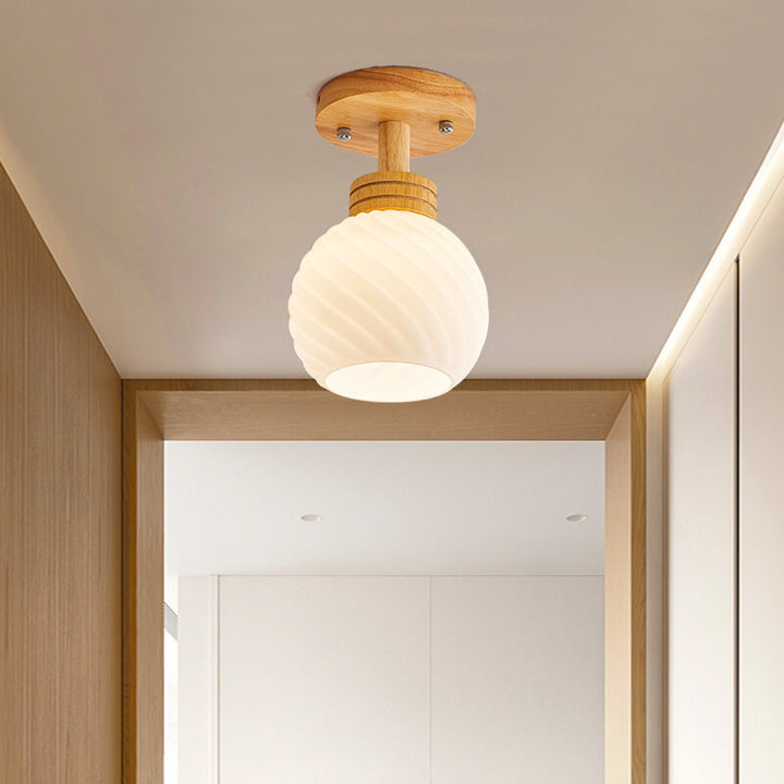 Traditional Japanese Spherical Glass Shape Wood Base1-Light Semi-Flush Mount Ceiling Light For Living Room