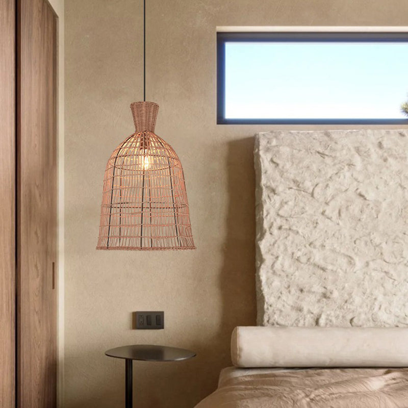 Suspension Luminaire à 1 Lumière avec Abat-Jour en Rotin à Maille Ronde Traditionnelle Japonaise pour Salon 