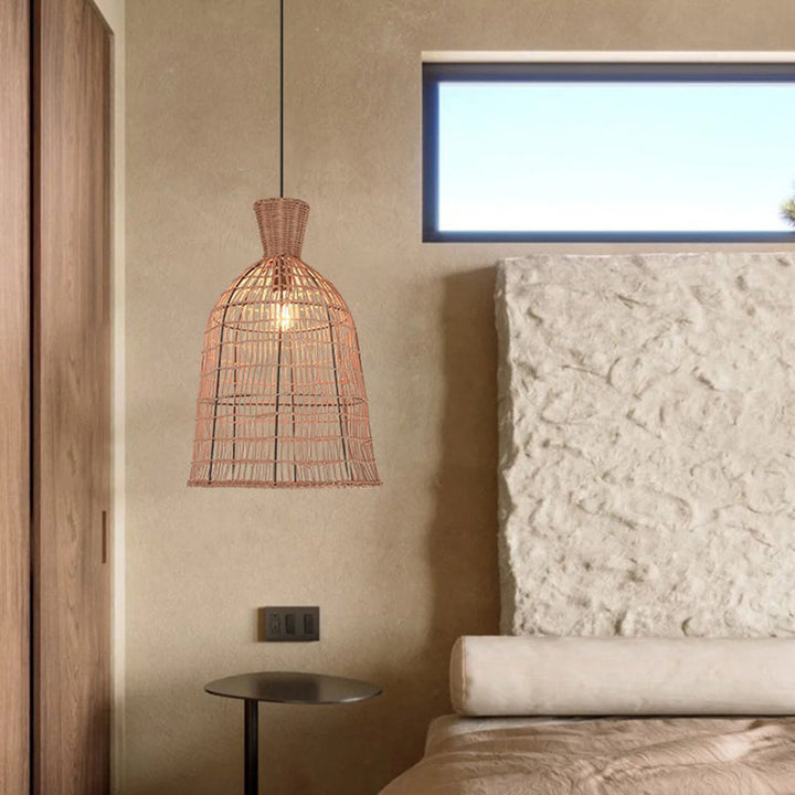 Suspension Luminaire à 1 Lumière avec Abat-Jour en Rotin à Maille Ronde Traditionnelle Japonaise pour Salon 