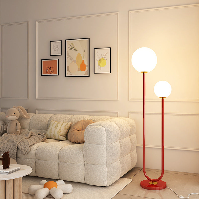 Modern Minimalist Long Round Ball Iron Glass 2-Light Standing Floor Lamp For Bedroom