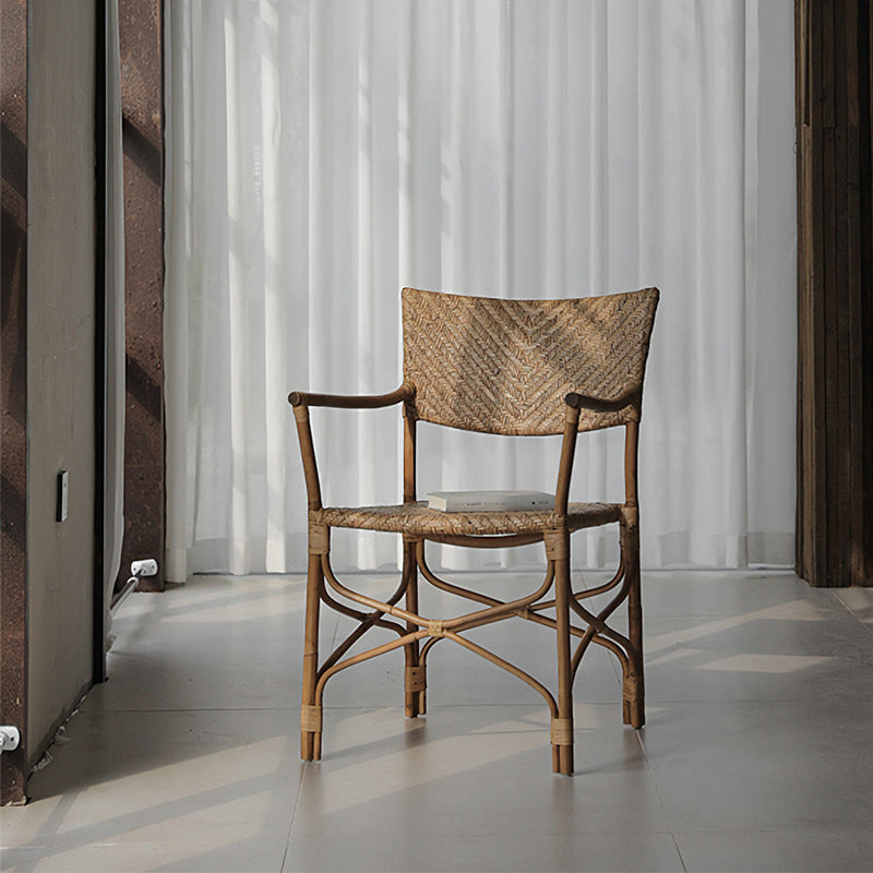 Fauteuil de salle à manger carré en rotin tissé de ferme traditionnel avec dossier et accoudoirs pour salon 