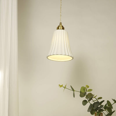 Contemporary Scandinavian Striped Ceramic Bell Shape 1-Light Pendant Light For Dining Room