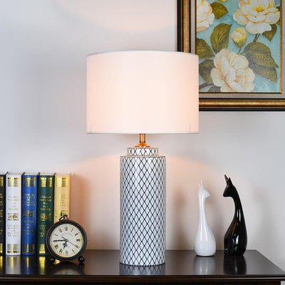 European Minimalist Ceramic Cylinder Fabric Shade 1-Light Table Lamp