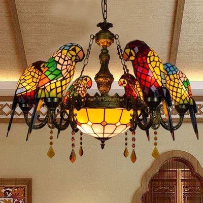 Tiffany Light Luxury Stained Glass Parrot 8-Light Chandelier