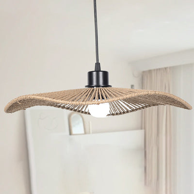 Chapeau traditionnel rustique en paille tissée, corde en papier de fer, suspension à 1 lumière pour salon 