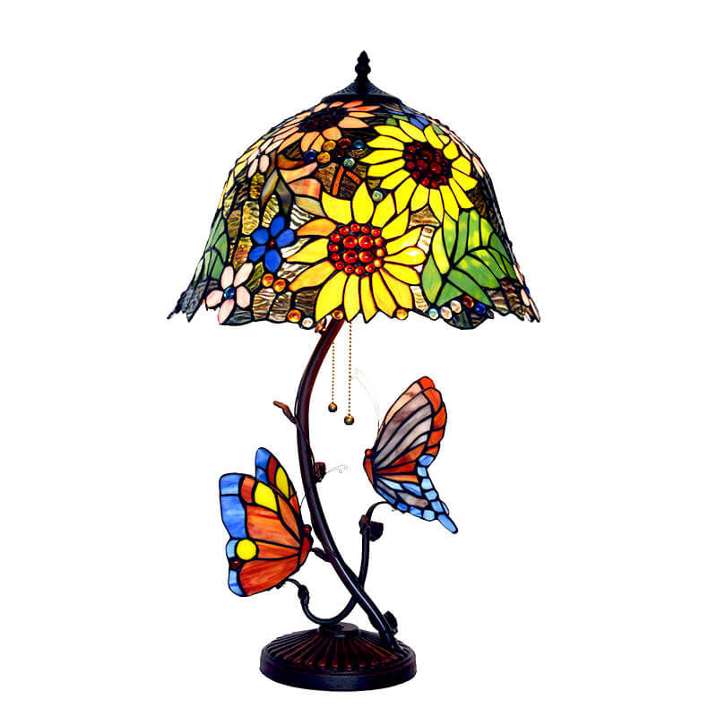 Tiffany Pastoral Double Butterfly Sunflower Stained Glass 2-Light Table Lamp