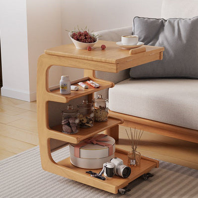 Table d'extrémité à couvercle rabattable en bois japonais traditionnel avec étagères de rangement à 4 niveaux pour salon 
