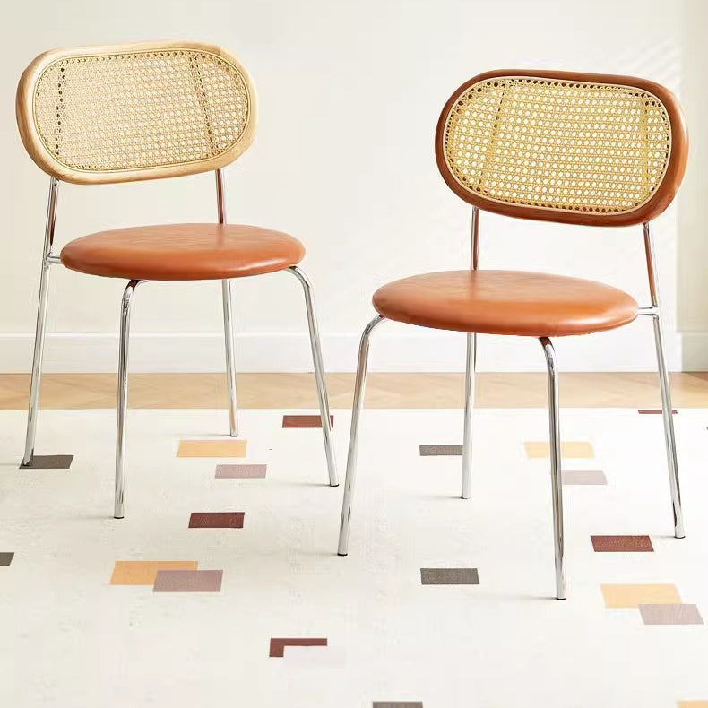 Contemporary Vintage Round Rectangular Rubberwood Plywood Iron Faux Leather PE Rattan Dining Chair Backrest For Dining Room