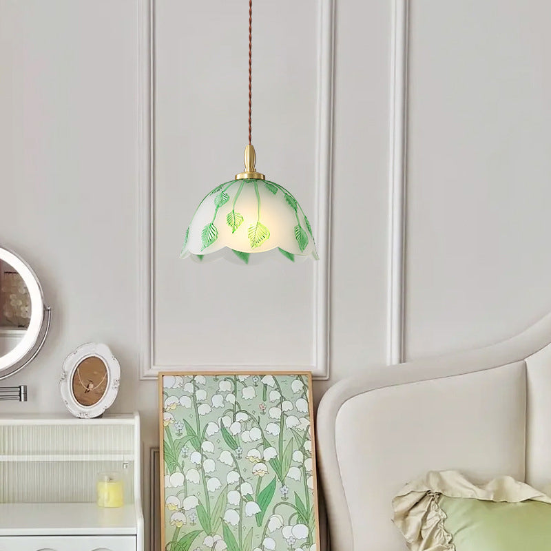 Traditionelle französische Pendelleuchte mit Schale und Blättern, Kupferglas, 1 Licht, für Esszimmer 