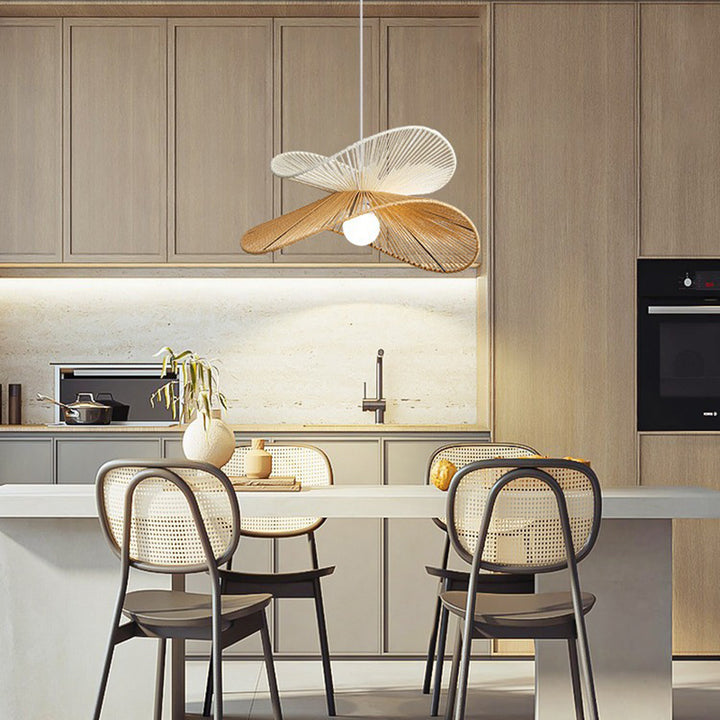 Traditionelle Vintage Holz Papier Seil Weben Strohhut Form 1-Licht Pendelleuchte für Wohnzimmer 