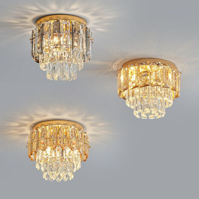 Modern Luxury Round Iron Crystal Gold 3-Light Flush Mount Ceiling Light For Hallway
