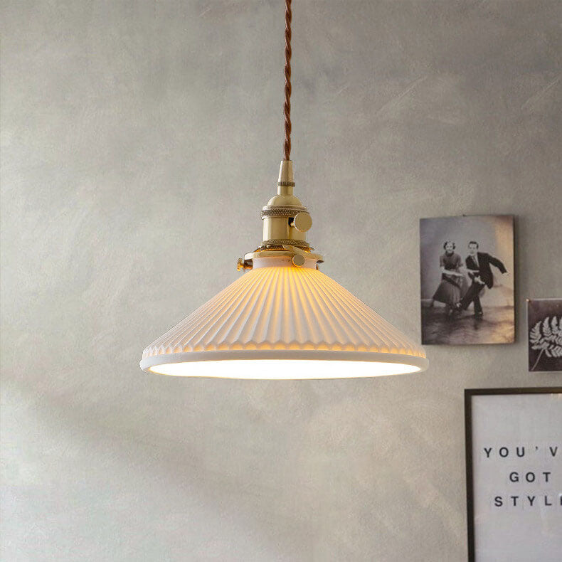 Traditional Japanese Pleated Ceramic Cone Shade Brass 1-Light Pendant Light For Living Room