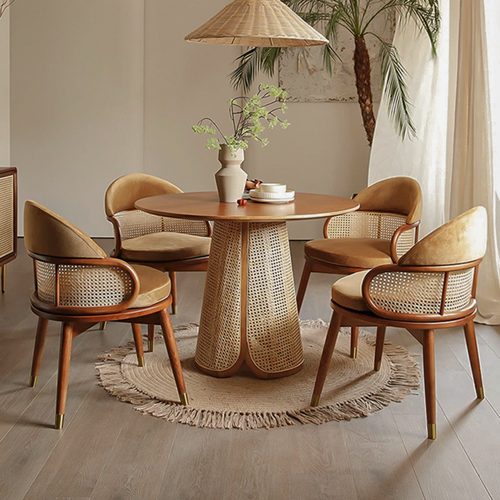 Contemporary Nordic Weaving Ash Wood Rattan Velvet Sponge Round Dining Chair Backrest For Dining Room