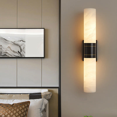 Traditionelle chinesische Vollkupfer-Marmor-Zylinderschirm-2-Licht-Wandleuchterlampe für Wohnzimmer 