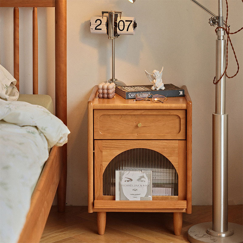 Table de nuit cube en bois massif rétro contemporain avec 1 tiroir pour chambre à coucher 