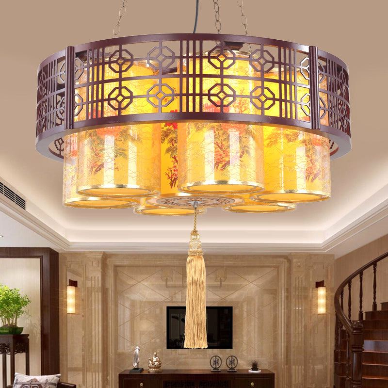 Lustres Traditionnels Chinois en Bois de Fer PVC Cylindre Rond Imprimé 7/9/11 Lumières pour Salle à Manger 