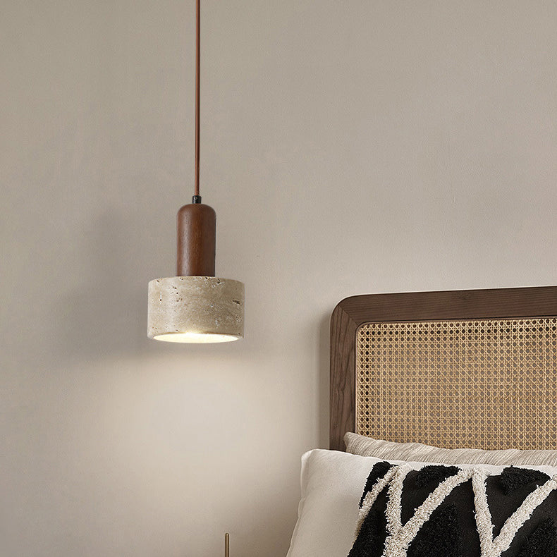 Lustre Suspendu 1 Lumière en Bois Massif Travertin Cylindre Vintage Traditionnel pour Chambre 