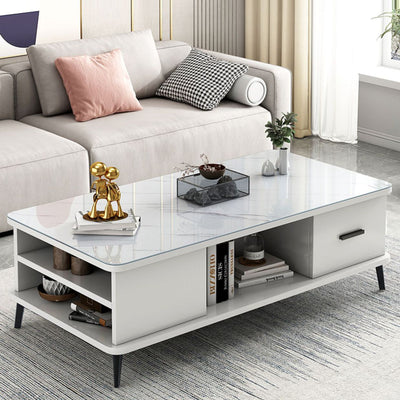Mesa de café rectangular nórdica contemporánea de MDF y hierro con 1/2 cajón para sala de estar 