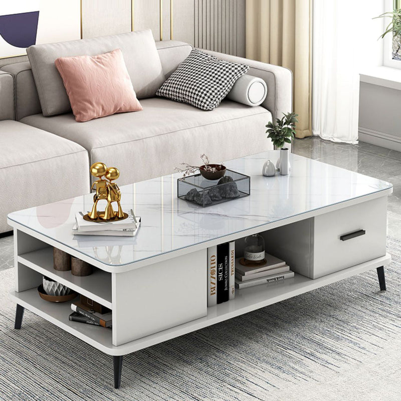 Mesa de café rectangular nórdica contemporánea de MDF y hierro con 1/2 cajón para sala de estar 