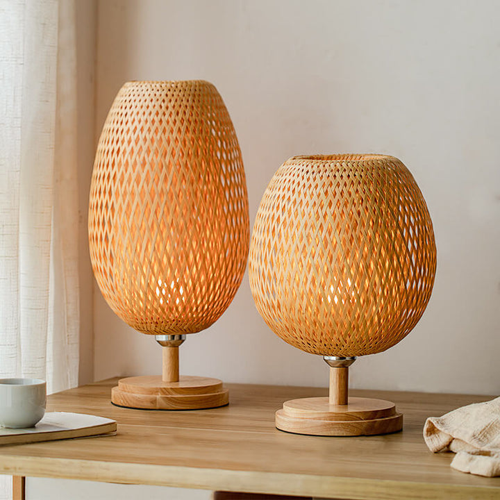 Traditional Chinese Moso Bamboo Wood Iron Weaving Oval Round 1-Light Table Lamp For Bedroom