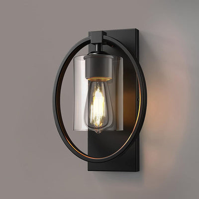 Industrial Retro Iron Circle Ring Glass Cylinder Shade 1-Light Wall Sconce Lamp