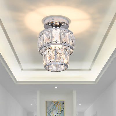 Zeitgenössische Luxus-Deckenleuchte mit Edelstahlrahmen und doppelten Kristallringen, 1-flammig, halbbündige Montage, für Wohnzimmer 