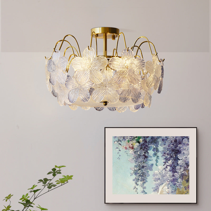 Plafonnier semi-encastré en fer et verre à fleurs traditionnelles françaises 5/6 lumières pour chambre 