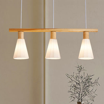 Japanese Wabi-sabi Solid Wood Semi-Conical Glass Shade 3-Light Island Light Chandelier