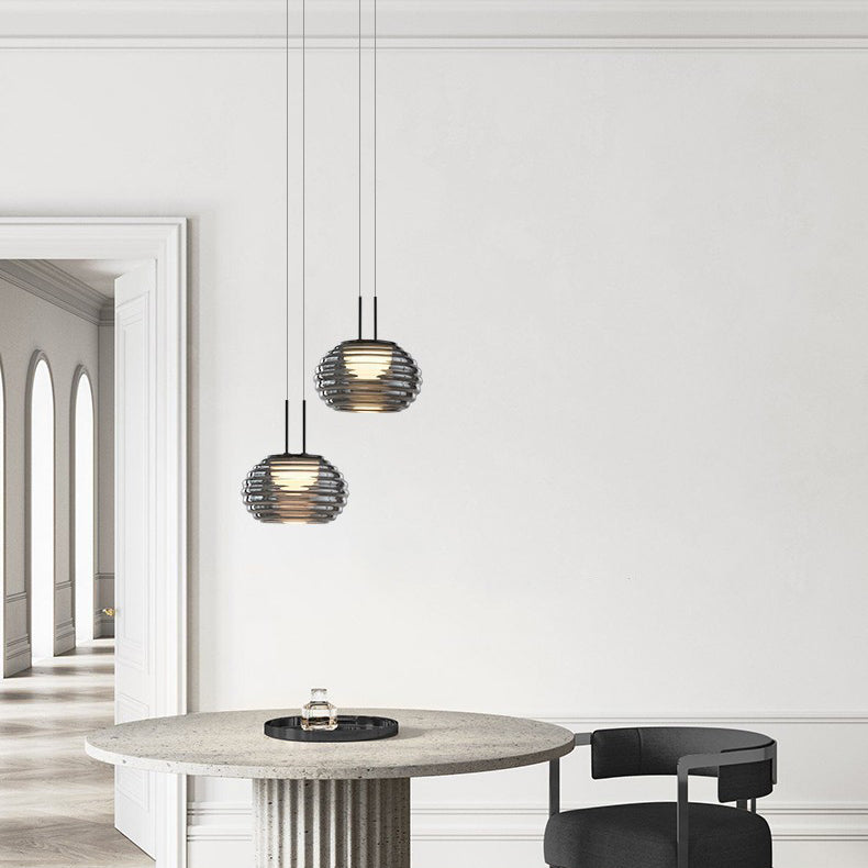 Moderne minimalistische gestreifte runde Aluminiumglas-LED-Pendelleuchte für Wohnzimmer 