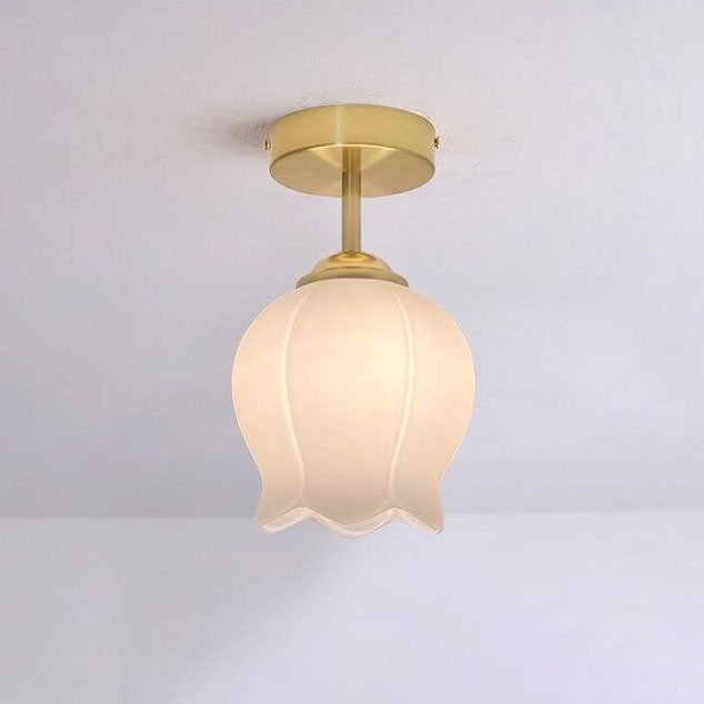 Nordic Retro Brass Glass Flower Lampshade 1-Light Semi-Flush Mount Ceiling Light