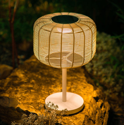 Contemporary Retro Solar Waterproof Weaving Rattan Metal Cylinder LED Landscape Lighting Outdoor Light For Outdoor Patio