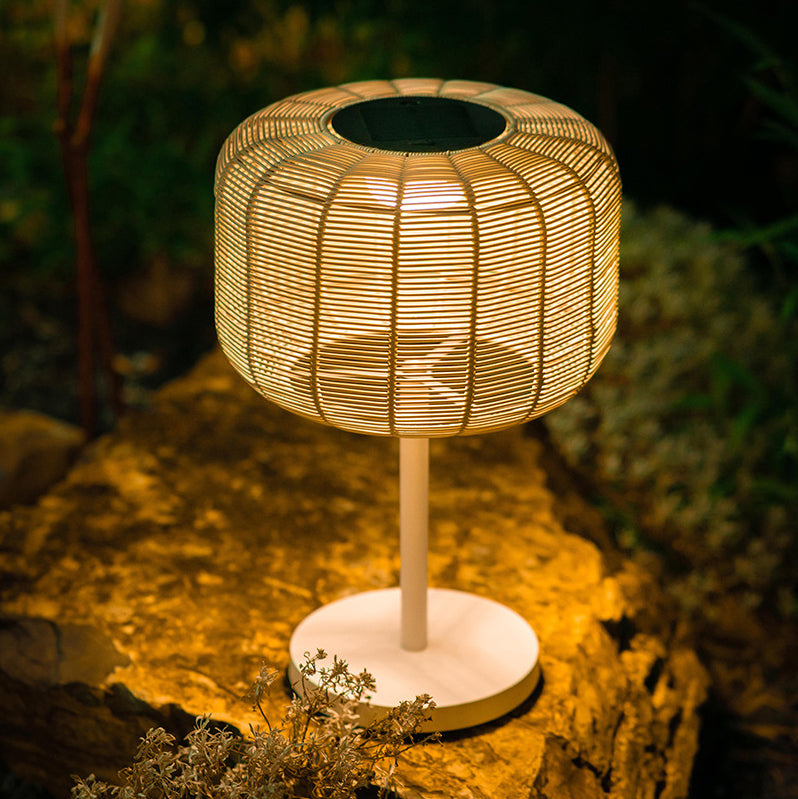 Contemporary Retro Solar Waterproof Weaving Rattan Metal Cylinder LED Landscape Lighting Outdoor Light For Outdoor Patio