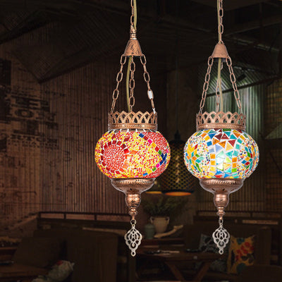 Lampe suspendue à 1 lumière avec abat-jour en verre teinté et cadre en fer bohème contemporain pour salon 