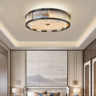 Traditional Chinese Luxury Marble Brass Round LED Flush Mount Ceiling Light For Living Room