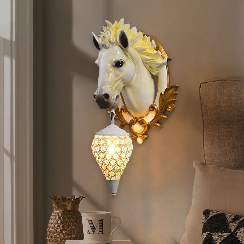 Modern Eclectic Resin Horse Head Decor Crystal Round Shade 1-Light Wall Sconce Lamp For Living Room
