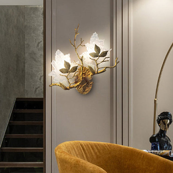Moderna lámpara de pared de lujo con hojas de arce de vidrio color cobre de 2 luces para sala de estar 