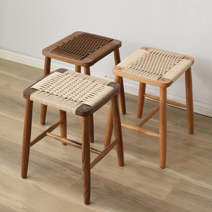 Traditional Japanese Rectangular Kraft Paper Rope Rubberwood Bar Stool For Dining Room