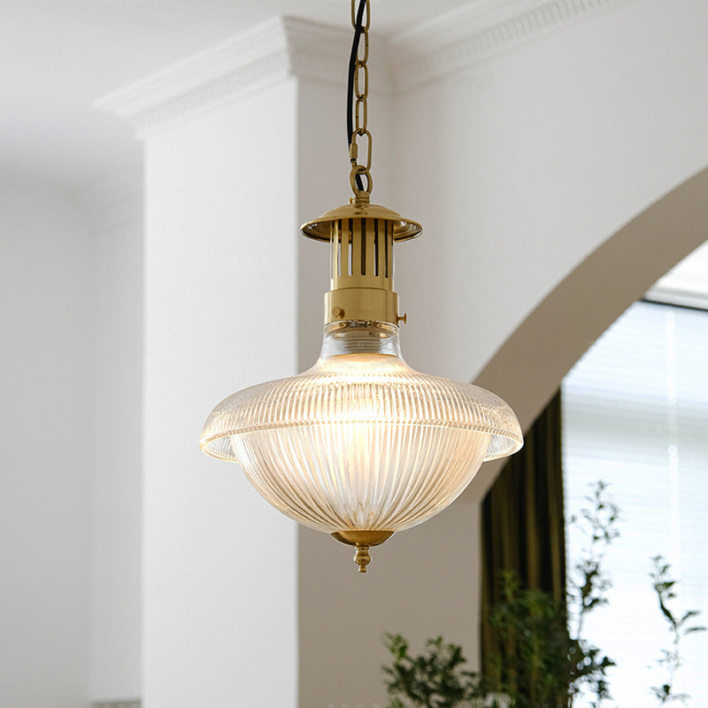 Zeitgenössische Retro gerippte Eisenglas 1-Licht Pendelleuchte für Wohnzimmer 