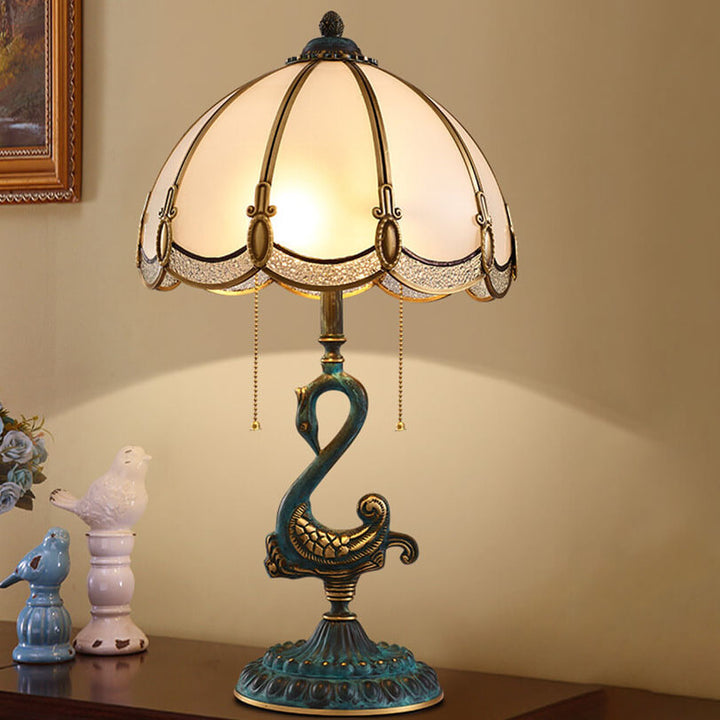 Traditional European Stained Glass Swan Base Copper 2-Light Table Lamp for Bedroom Home Office