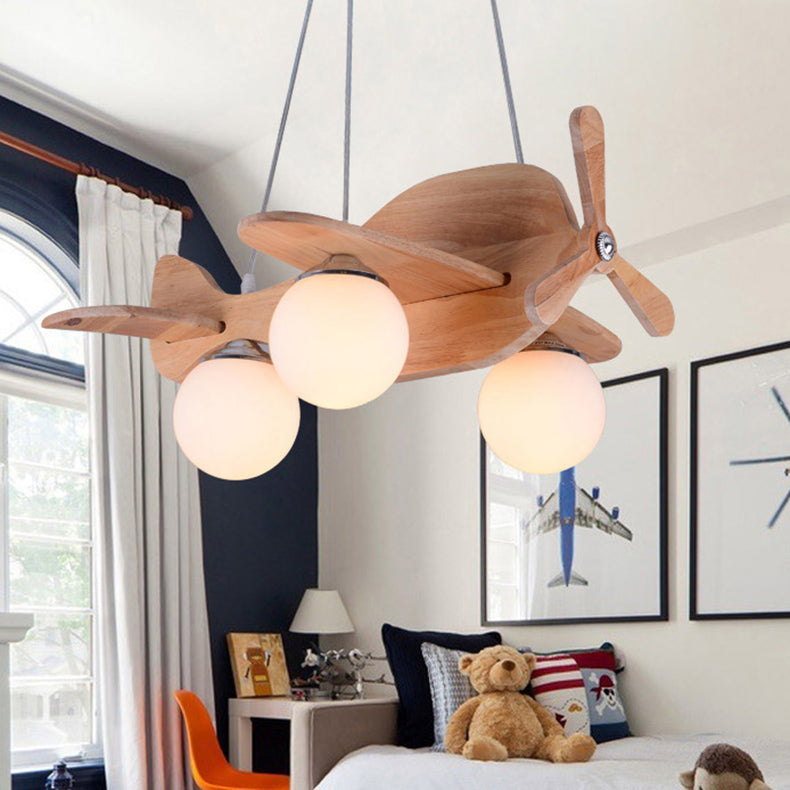 Contemporary Creative Wooden Propeller Plane 3-Light Kids Chandelier F ...