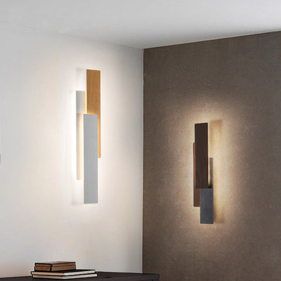 Applique murale LED rectangulaire en fer géométrique avec texture de grain de bois imitation simplicité contemporaine pour salon 