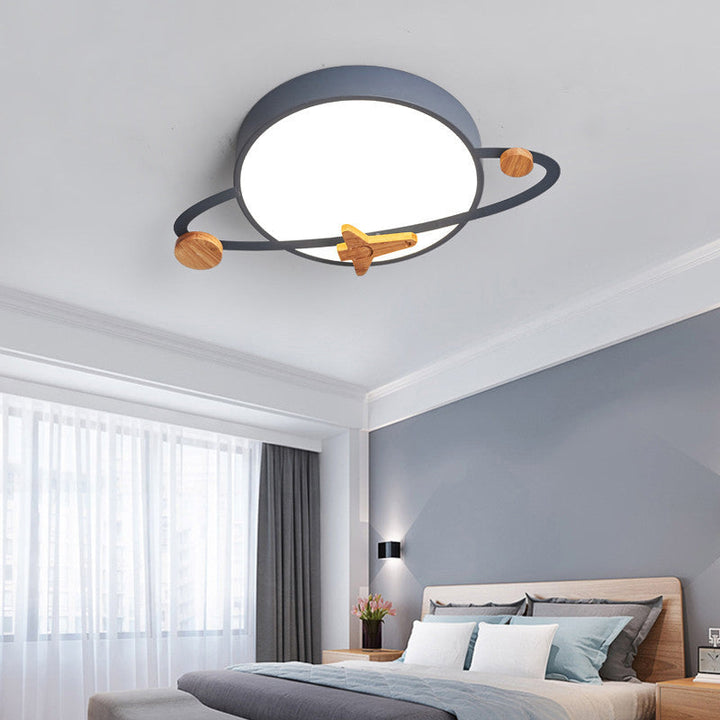 Contemporary Scandinavian Iron Acrylic Wood Round Planet Design LED Kids Flush Mount Ceiling Light For Bedroom