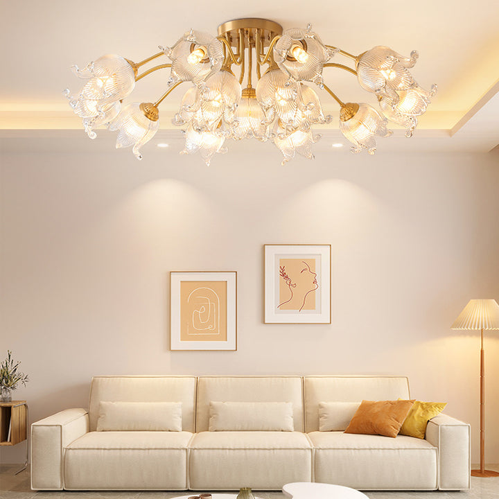 Traditionelle europäische Kupferglasblume 5/12/15 Licht Halbbündige Deckenleuchte für Wohnzimmer 