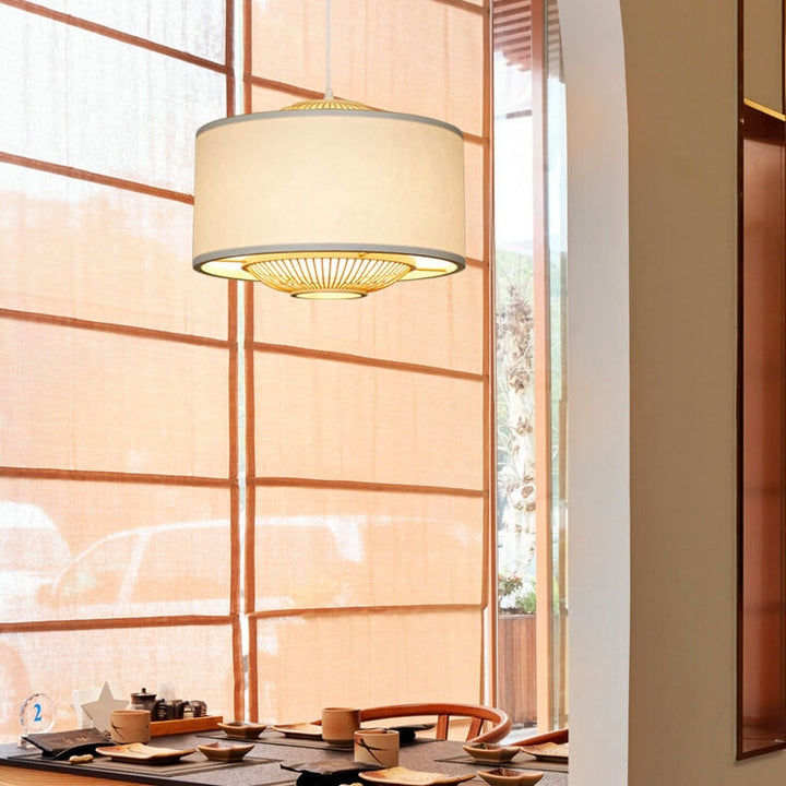 Contemporary Scandinavian Zen Bamboo Weaving Parchment Drum 1-Light Pendant Light for Living Room